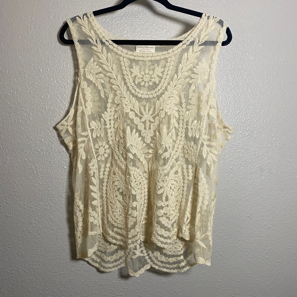 Cream Crochet Top 1X Festival Summer Vacation Beach Coastal Cowgirl Sheer Boho